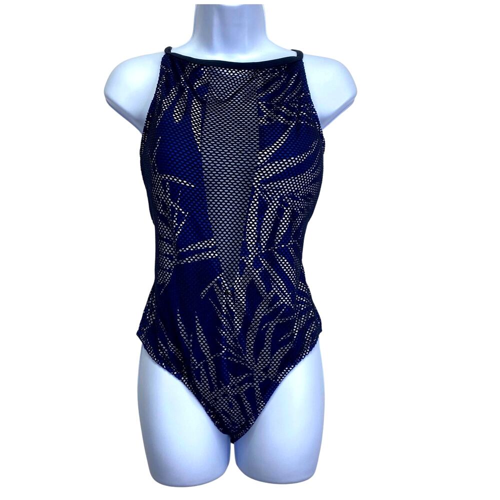 LOVE MY CURVES Blue Black Halter Swimsuit One Piece Plunge Sz 16 Tropical Mesh